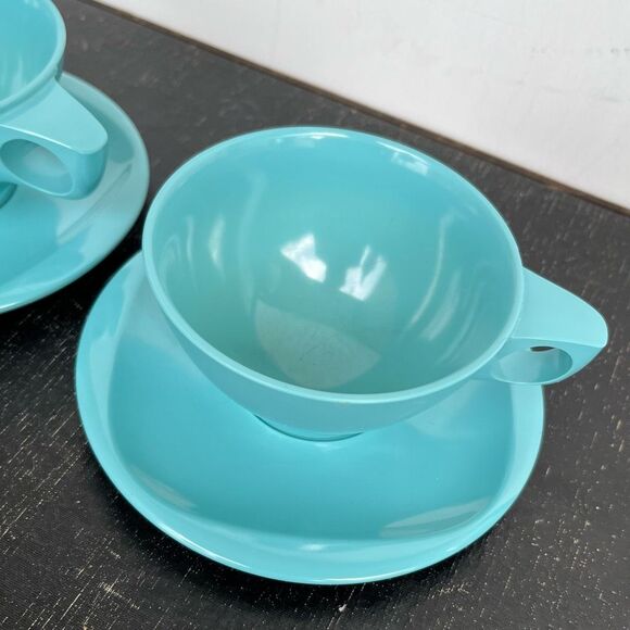 VTG Boontonware Melmac Teal Cups & Saucers Set Mid Century Modern 1950s - Picture 2 of 10